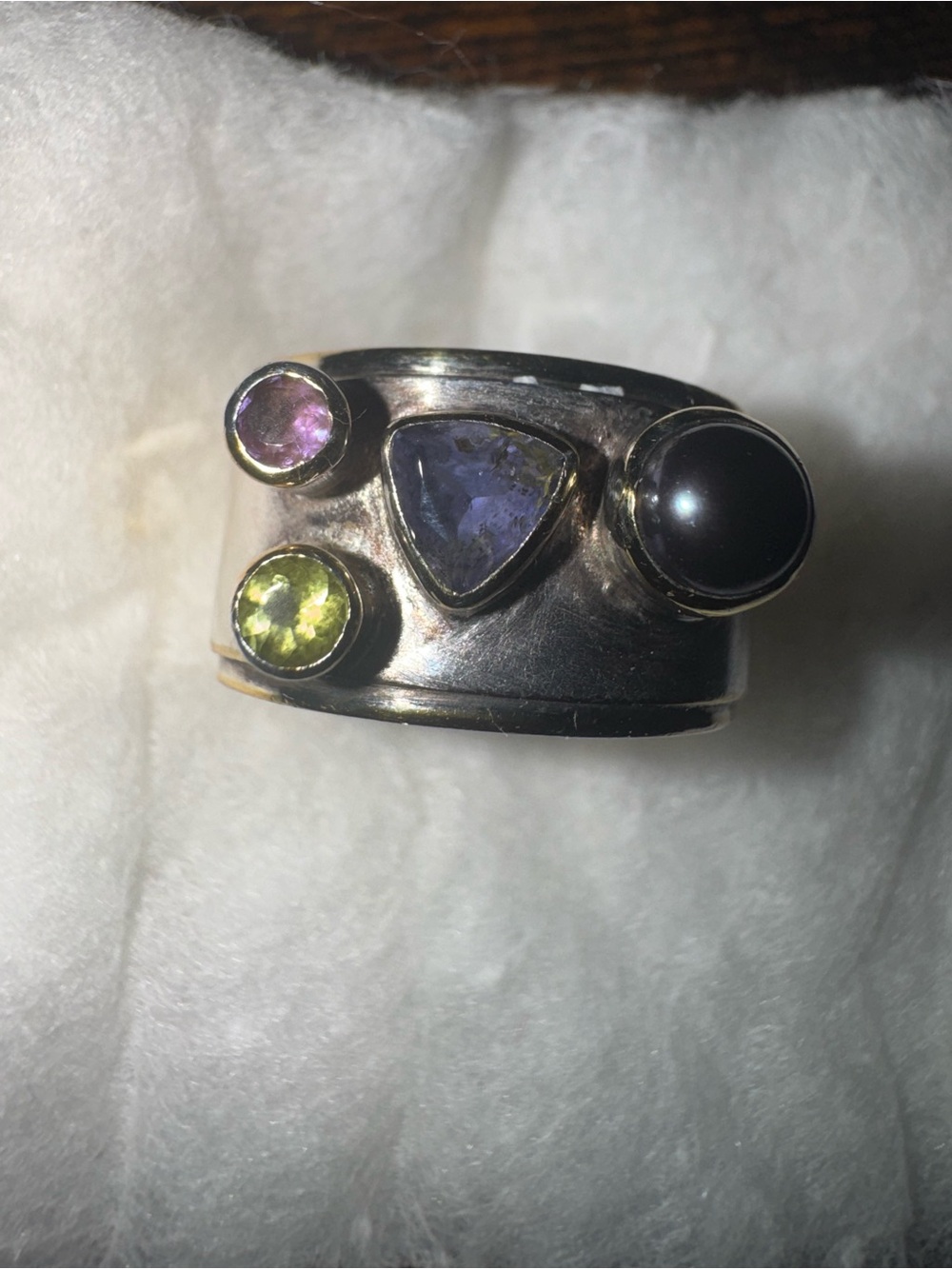 Stephen Dweck Multistone Silver Ring with Purple, Green, Pink and Black Stones